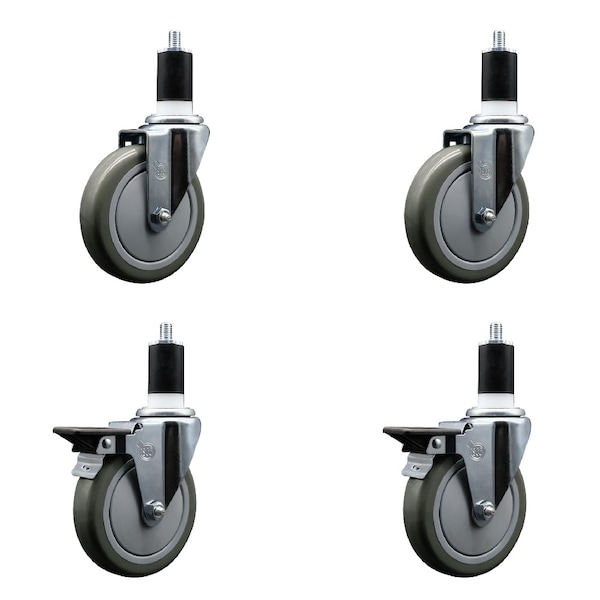5'' Gray Poly Wheel Swivel 1-1/2'' Expanding Stem Caster Set 2 Brakes, 4PK